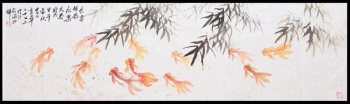 《长宁恒康墨竹金鱼》规格：239×69cm