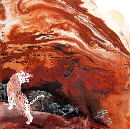 董文政作品《松谷虎啸》当代帛画(86×86) cm 2008年