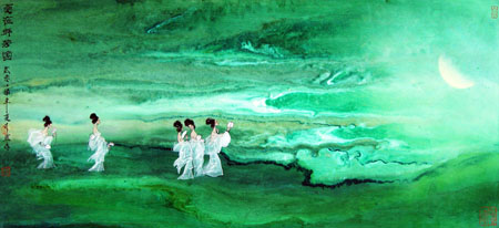 董文政作品1《夏夜群芳圖》当代帛画(35×78)cm 2007年