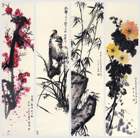 何梓溪作品3《梅兰竹菊》乙丑年 68×34cm×4
