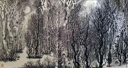 许文邠作品4《寒林夜色》179×96cm 2015年