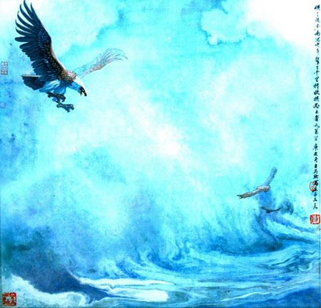 董文政作品2《蓝海雄鹰》当代帛画 43×40cm 2001年