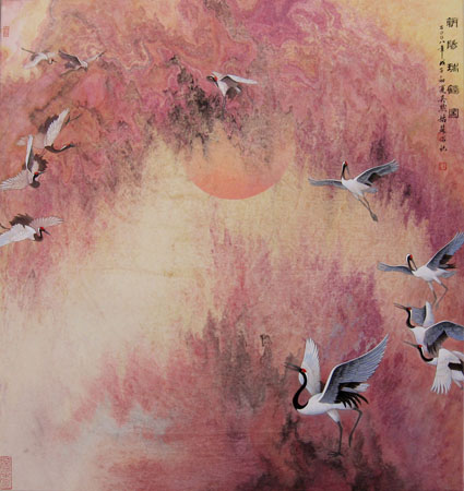 董文政作品3《朝阳瑞鹤图》当代帛画 86×85.5cm 2008年