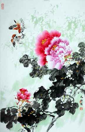 董文政作品5《牡丹萑戏图》董文政纸本花鸟 69×45cm 2010年