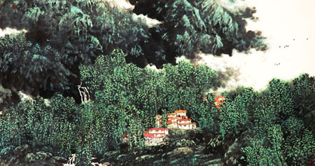 李建设国画《家住青山绿水中》