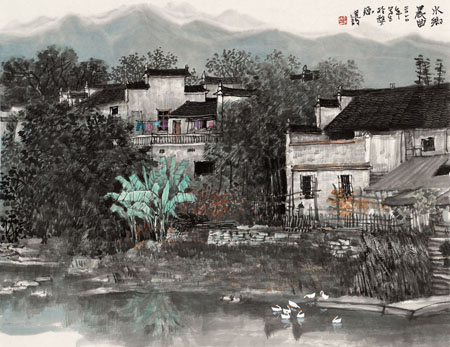 李建设国画《水乡晨曲》