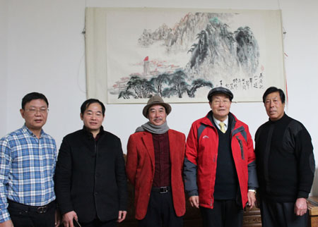 何老师和著名书画家姜明义、张宗彪、武海林、肖超在国家画院王定国老人画室品茗、探讨艺术