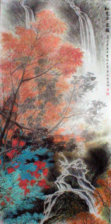 《红叶飞泉图》133×67cm
