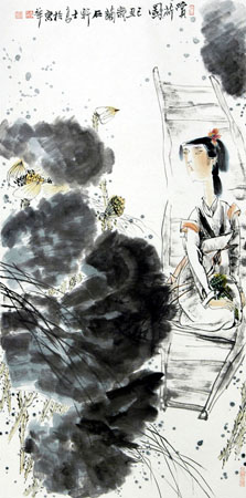 李士良作品《赏荷图》136×68cm
