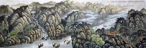 《大舸中流下，青山两岸移》240cm×80cm