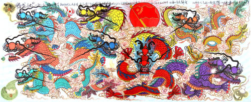 龙腾盛世图自提诗：《九龙献瑞佑华夏，龙的传人两岸情，长江黄河祖国站，中华民族好儿孙，汉唐盛世振洲洋，和谐中国四海平，四面八方来朝贺，》长3.6米×1.48米 2015年2月22日创作