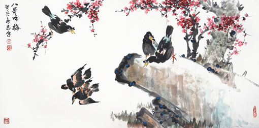 《八哥闹梅》137×68cm 1983年