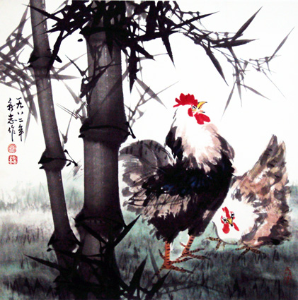 《竹林鸡趣》68×68cm 1982年