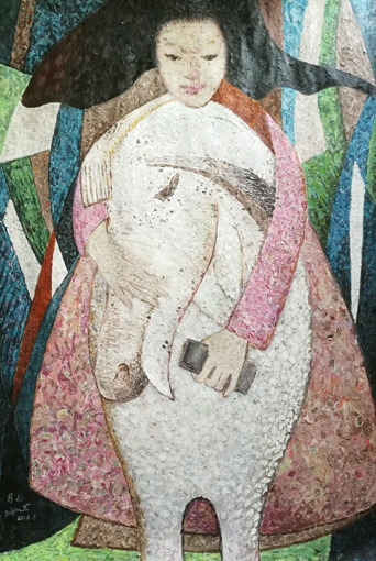 世界独创拼贴油画《少女与马》78×108cm 2016年此画用擦油画笔废弃的颜料纸待凉干后拼贴成画，近看乱糟糟，远看酷似油画，别有油画风味。