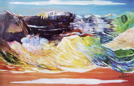 世界独创旋转油画《泥石流》50×60cm 2009年。此画旋转欣赏可出现四幅不同画面，属世界画面绝品。前无古人，后无来者。