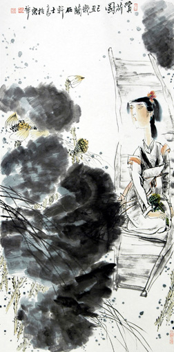 李士良 国画《赏荷图》