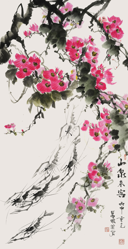 余重光作品《山泉来宾》136×70cm