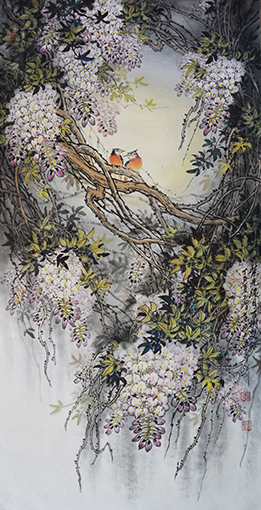 《紫光满目 古树双栖》138×69cm