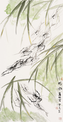 余重光作品2《戏水》136×70cm