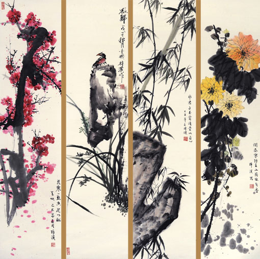 《梅兰竹菊》 乙丑年 68×34cm×4
