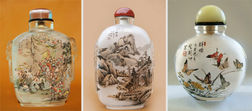 国画鼻烟壶《富贵平安吉祥如意图》 ；国画《看山人生夕阳红》；国画鼻烟壶《溪山曳艇图》