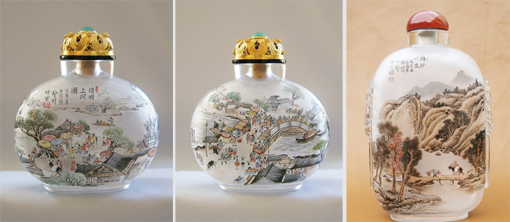 国画鼻烟壶《清明上河图》上；国画鼻烟壶《清明上河图》下；国画鼻烟壶《骑驴访友》