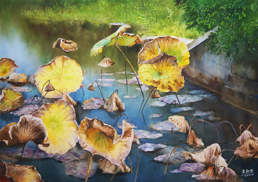 水彩画 晚秋残荷 108×78cm
