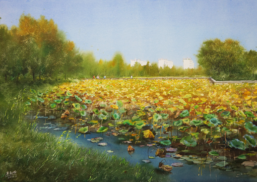 水彩画 校园荷塘金秋时 108×77cm