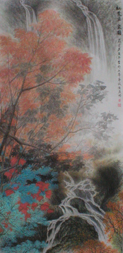 《红叶飞泉图》133×67cm