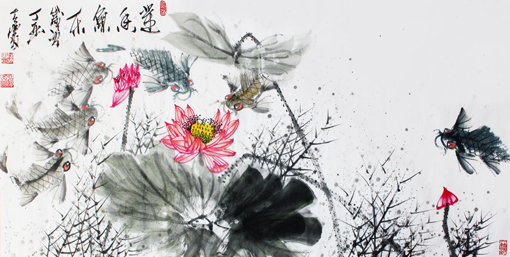 杨涛作品 《莲香鱼乐》（136cm×68cm)