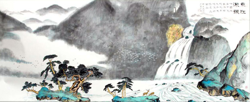 东江源头巨幅山水画,是江西安远三百山。是供应香港七百多万同胞饮用水源头。香港市民称为生命之水。425CmX169Cm。 东江源头巨幅山水画,是江西安远三百山。是供应香港七百多万同胞饮用水源头。香港市民称为生命之水。425CmX169Cm。