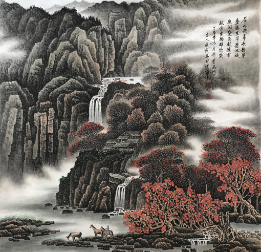 孙通成作品《层山披幕秋韵染》规格：70cmx70cm