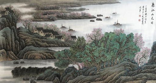 孙通成作品《春江山色图》规格：140cmx70cm