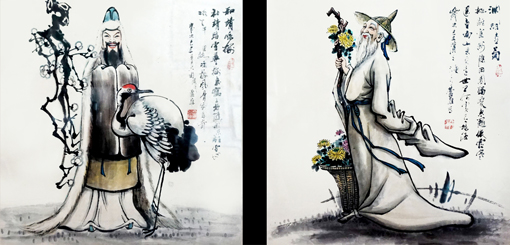 卢成仕作品——《和靖咏梅》《渊明赏菊》 68cm×68cm