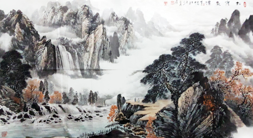 卢成仕作品——《松荫观瀑》184cm×92cm