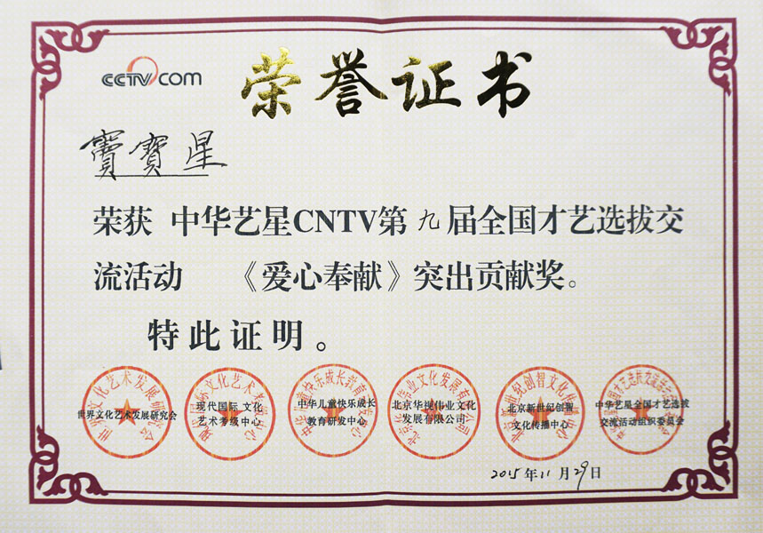 2015年中华艺星CNTV第九届全国才艺选拔交流活动《爱心奉献》突出贡献奖