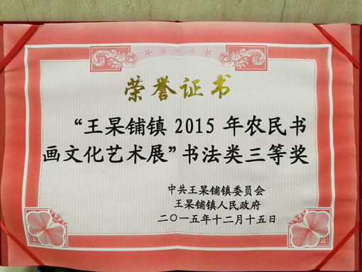 “王杲铺镇2015年农民书画艺术展”书法类三等奖