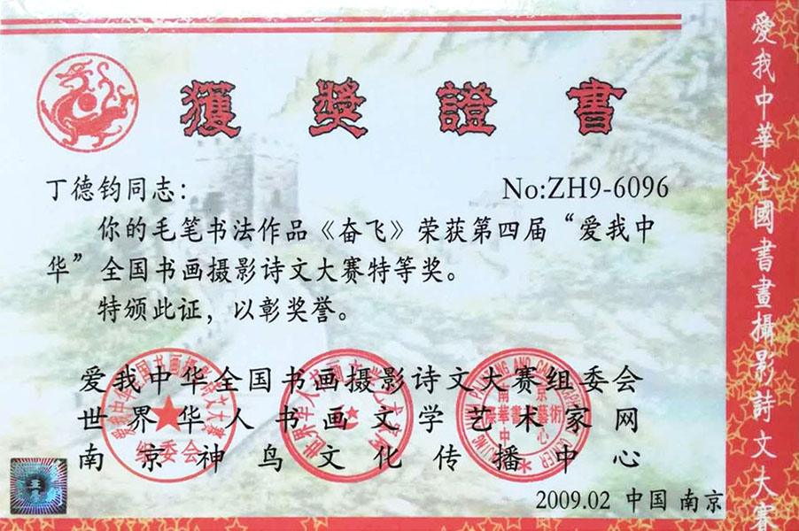 毛笔书法作品奋飞荣获第四届爱我中华全国书画摄影诗文大赛特等奖