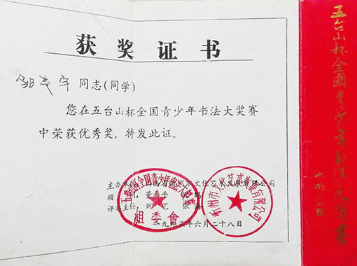 在五台山杯全国青少年书法大奖赛中荣获优秀奖
