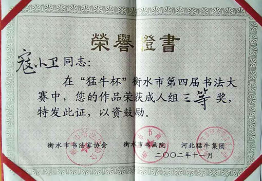 ”猛牛杯“衡水市第四届书法大赛三等奖