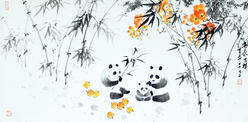 《熊猫墨竹》134x68cm 《熊猫墨竹》134x68cm