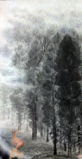 《晨林鹿鸣》(60cmx32cm) 《晨林鹿鸣》(60cmx32cm)