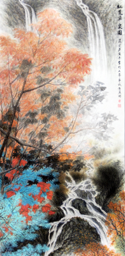 《红叶飞泉图》(133cmx67cm) 《红叶飞泉图》(133cmx67cm)