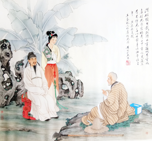 《蕉荫僧话图》规格：68x68cm 2000年7月作（黄均题款）