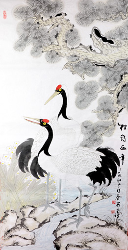 刘当财作品《松鹤延年》规格：68x138cm