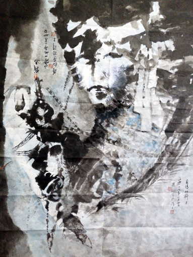 世界独创正侧中国画《受伤的骑士》95.5X125cm 2016年 此画侧过来欣赏是另一幅（战马）