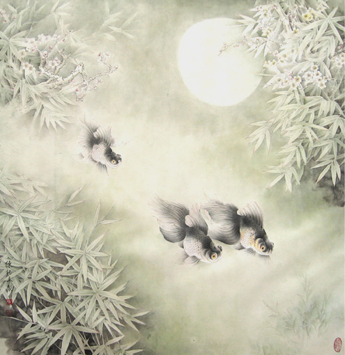 《水清鱼读月》规格：85x85cm