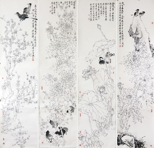 《春夏秋冬》春：同坐春风到白头。夏：绿擎翠羽晚风凉。秋：花前篱下叫声声。冬：名花幽鸟自成眷属。规格：138x34cm