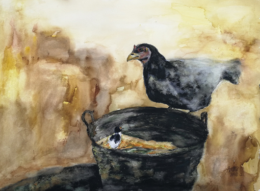 《农家小趣》水彩 2018年 75cmx55cm