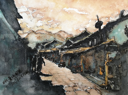 《日斜苍山回望》水彩 2017年 32cmx24cm